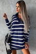 Striped O-Ring Zip Front Collared Drop Shoulder Long Sleeve Sweater Dress